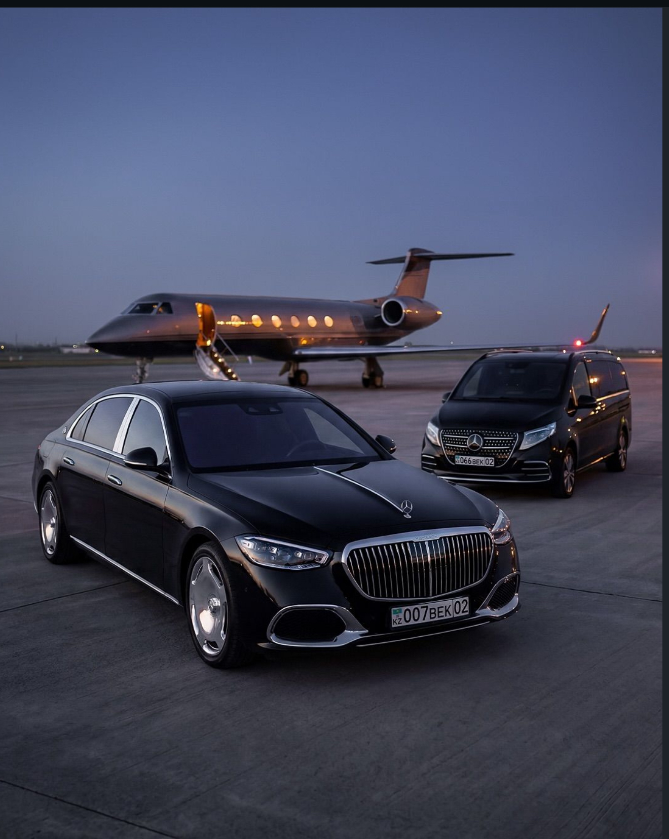 Chauffeured Maybach and Sprinter arriving at a private jet